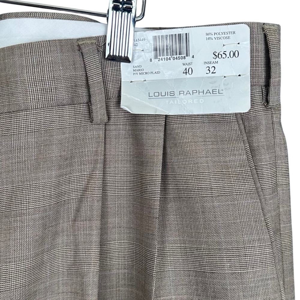 Louis Raphael Tailored Mens Pleated Micro Plaid Dress Pants Sand 40x32 NWT